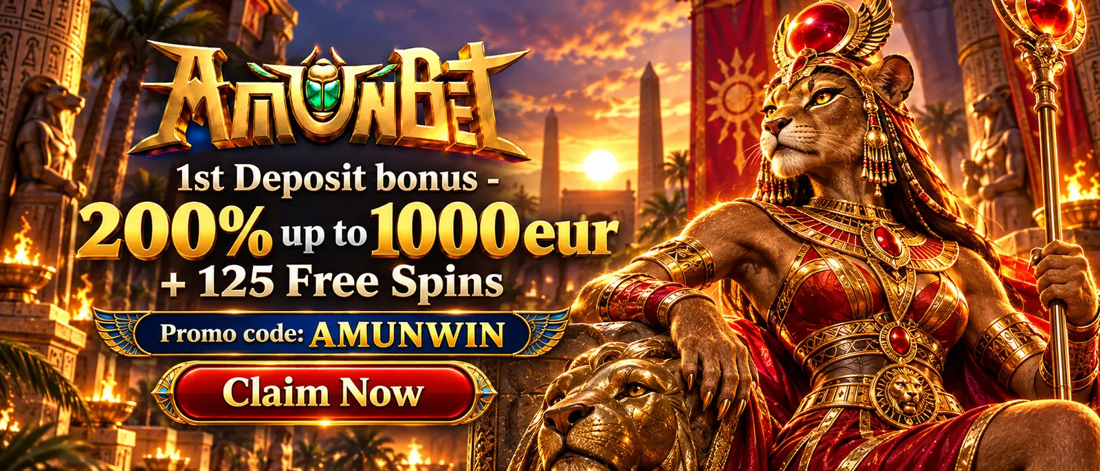 Amunbet 1st deposit bonus: 200% up to €1,000 plus 125 free spins with code AMUNWIN