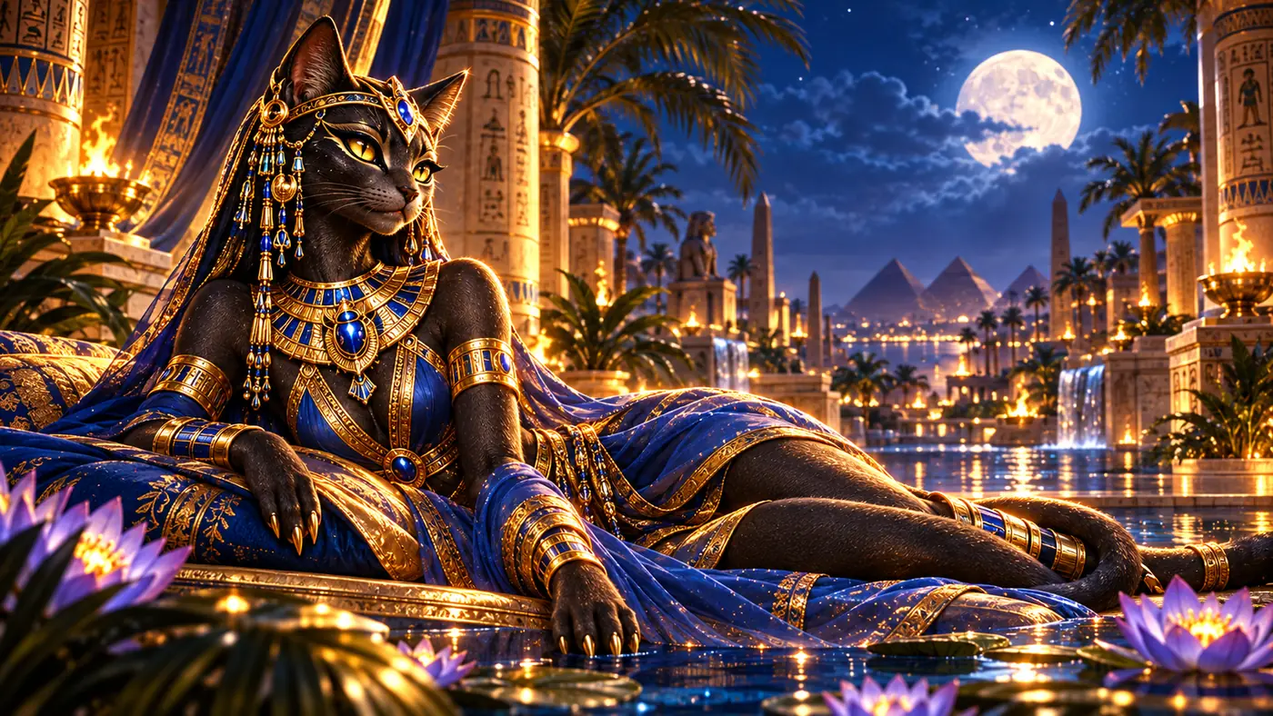 Bastet reclining by the moonlit Nile, Amunbet artwork