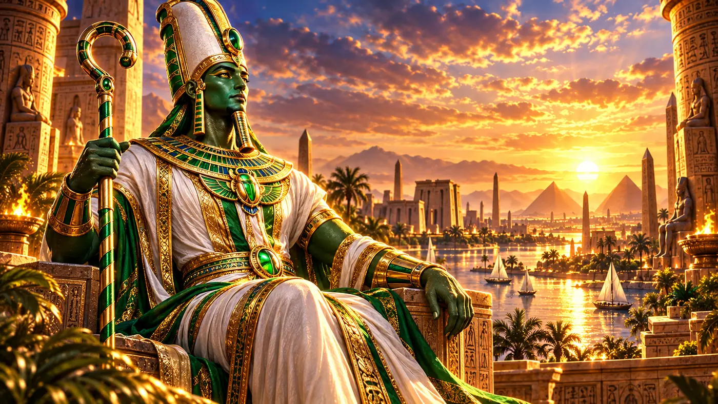 Osiris seated on a throne beside the Nile, Amunbet artwork