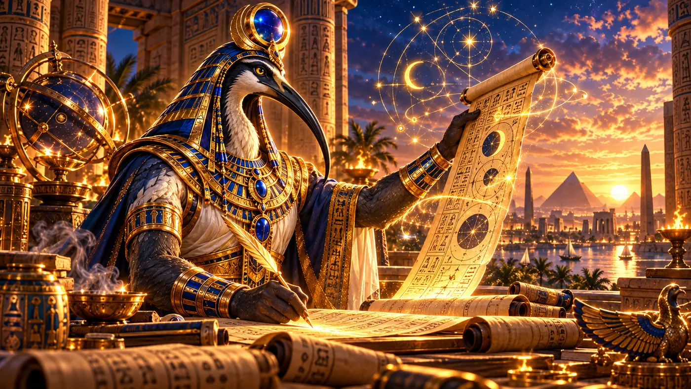 Thoth writing on a papyrus scroll under the stars, Amunbet artwork